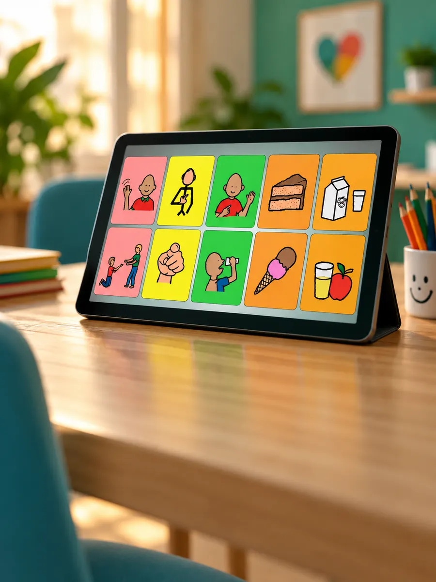 Tablet com prancha de comunicação alternativa sobre a mesa de atendimento